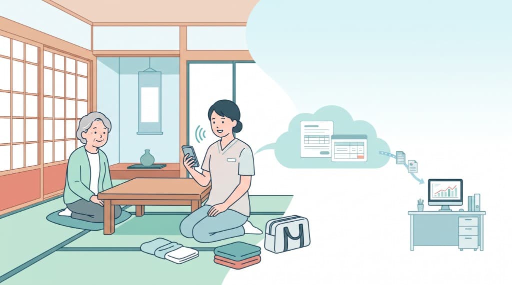 訪問先でスマートフォンに話しながら実績を記録し、データが事務所へ自動連携されるイメージ