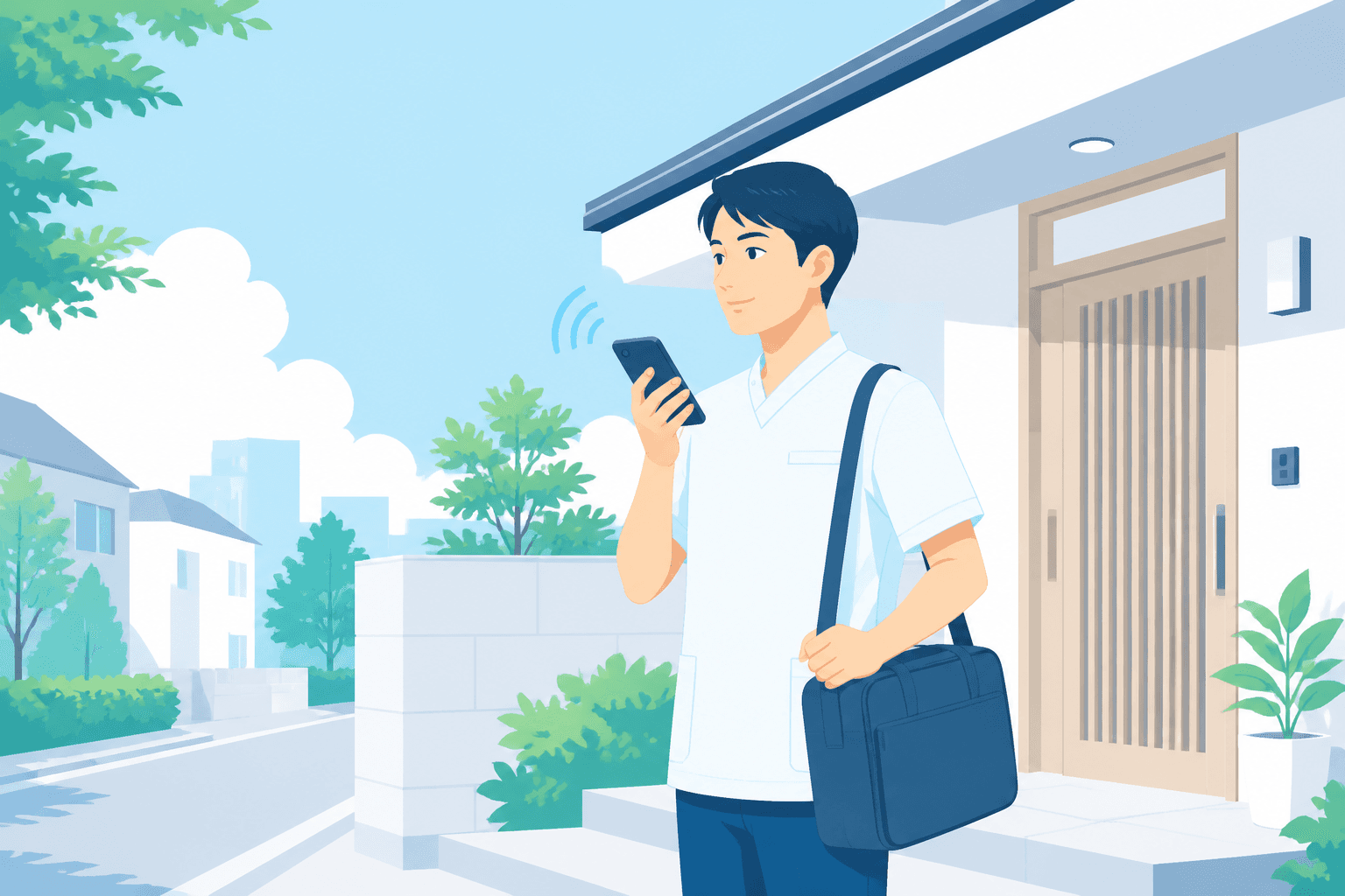 訪問後、スマホに話すだけで実績を記録する現場のイメージ