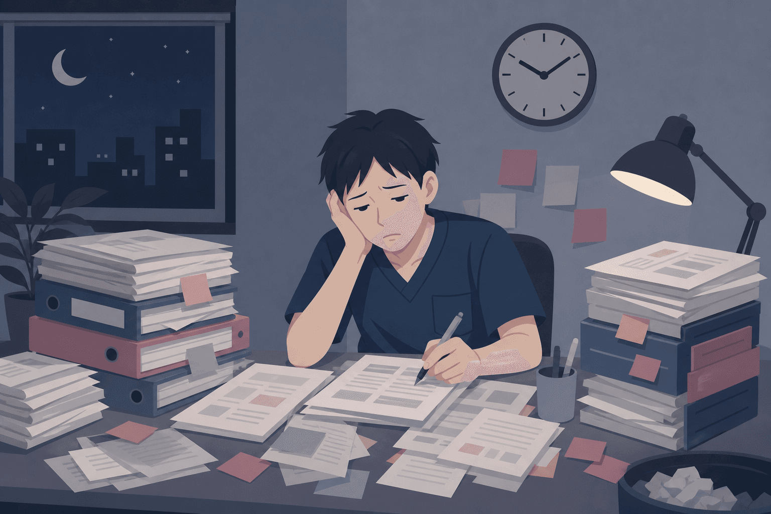 紙の書類が積み上がり、深夜まで入力が残る従来の課題イメージ