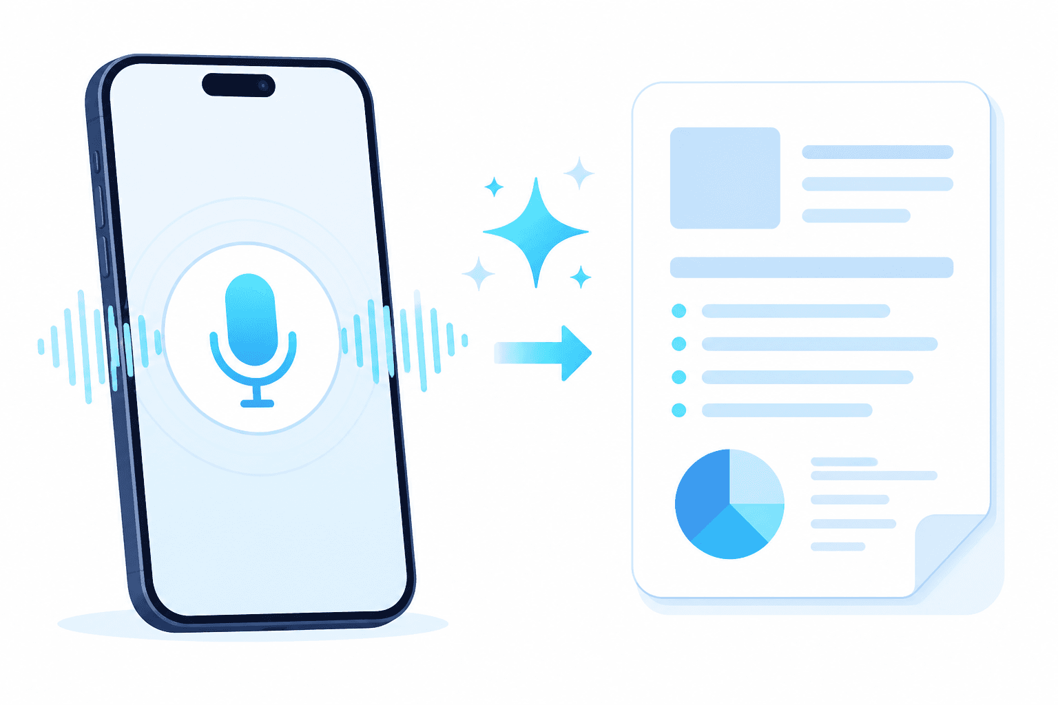 スマホの音声入力からAIが報告書の下書きをつくるイメージ